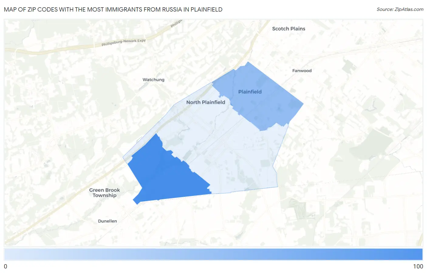 Zip Codes with the Most Immigrants from Russia in Plainfield Map