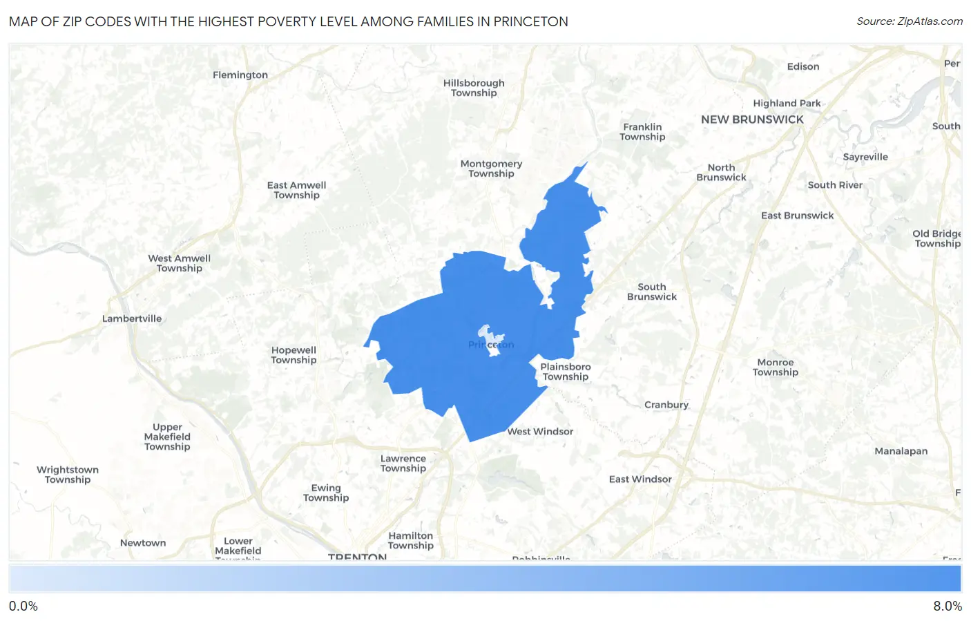 Zip Codes with the Highest Poverty Level Among Families in Princeton Map