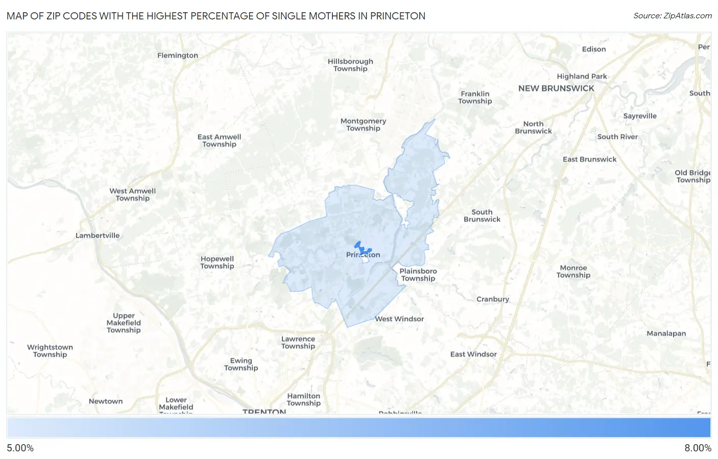 Zip Codes with the Highest Percentage of Single Mothers in Princeton Map