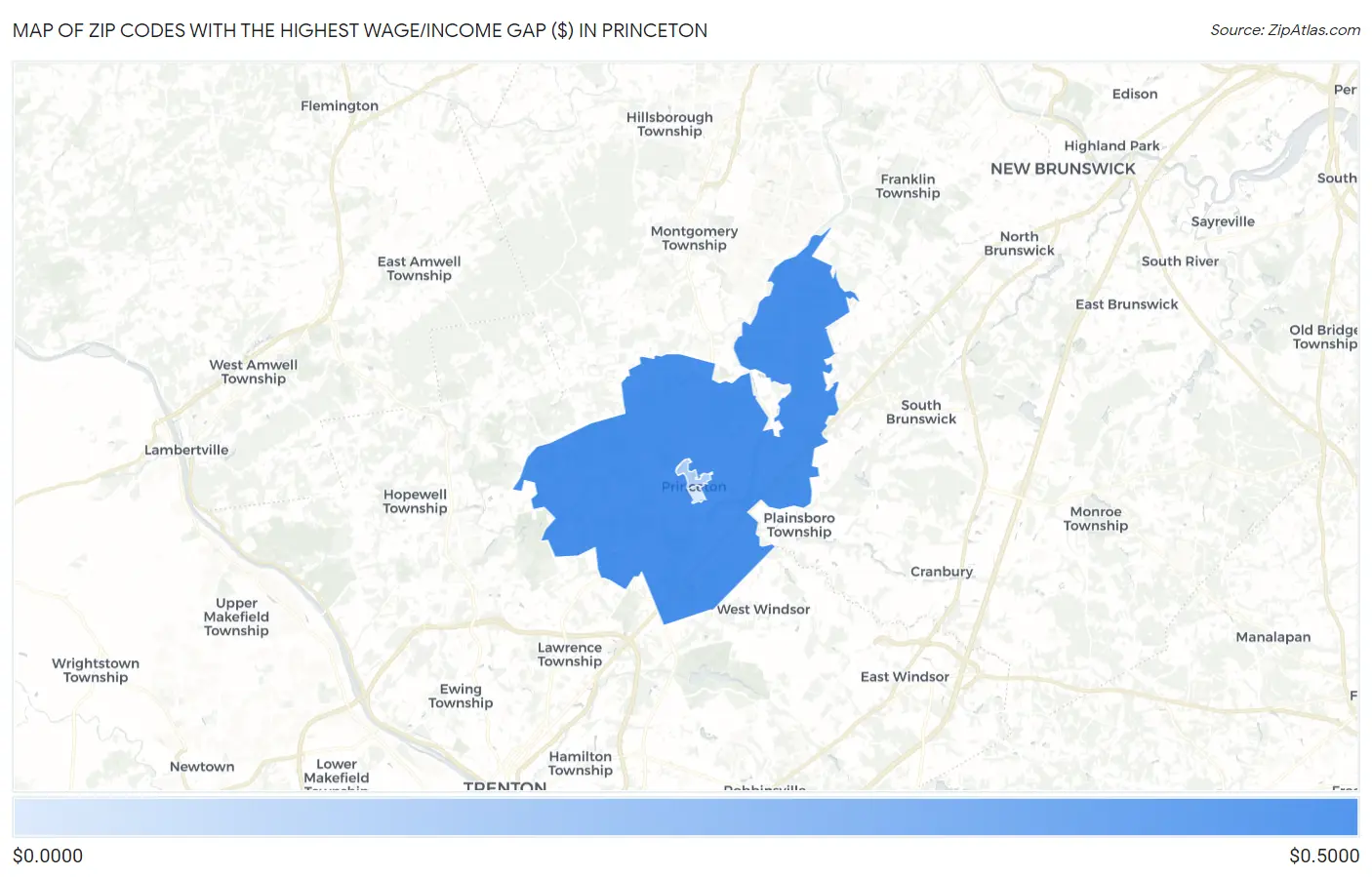 Zip Codes with the Highest Wage/Income Gap ($) in Princeton Map