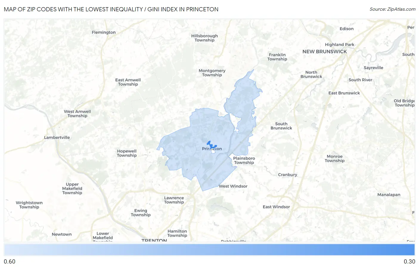 Zip Codes with the Lowest Inequality / Gini Index in Princeton Map