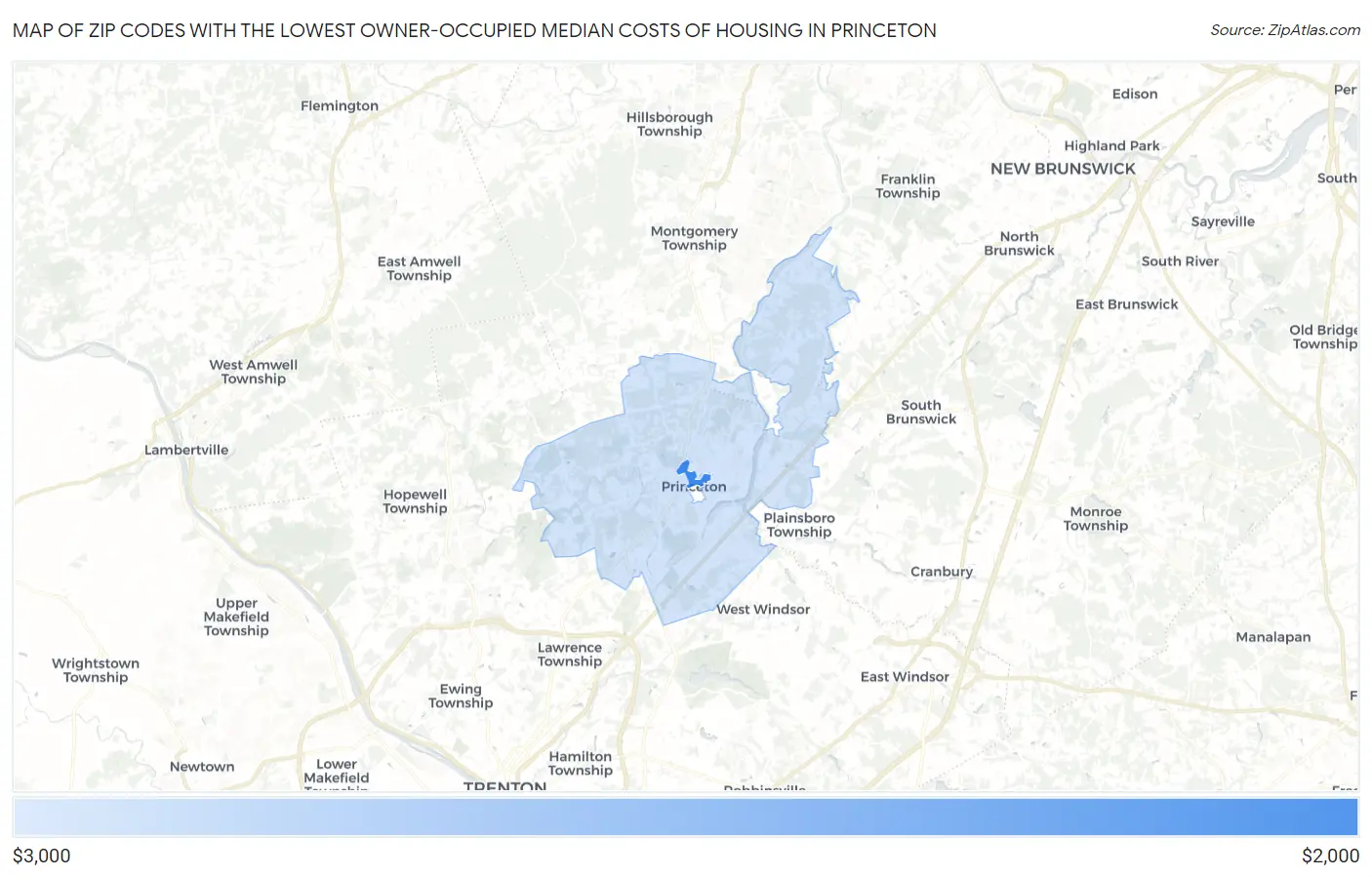 Zip Codes with the Lowest Owner-Occupied Median Costs of Housing in Princeton Map