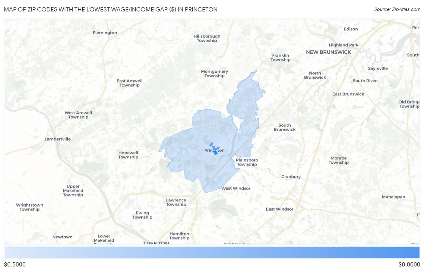 Zip Codes with the Lowest Wage/Income Gap ($) in Princeton Map