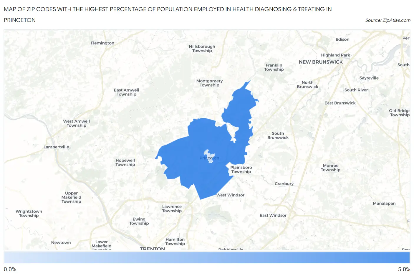 Zip Codes with the Highest Percentage of Population Employed in Health Diagnosing & Treating in Princeton Map