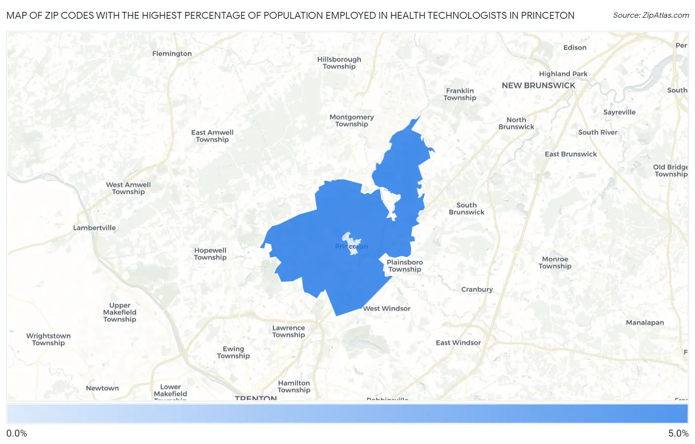 Zip Codes with the Highest Percentage of Population Employed in Health Technologists in Princeton Map