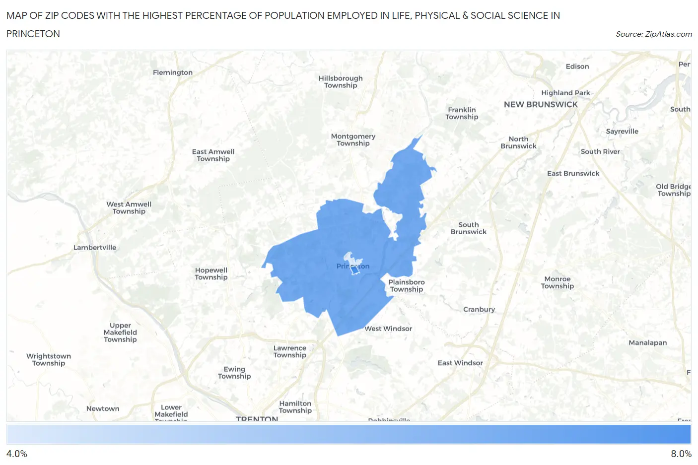 Zip Codes with the Highest Percentage of Population Employed in Life, Physical & Social Science in Princeton Map