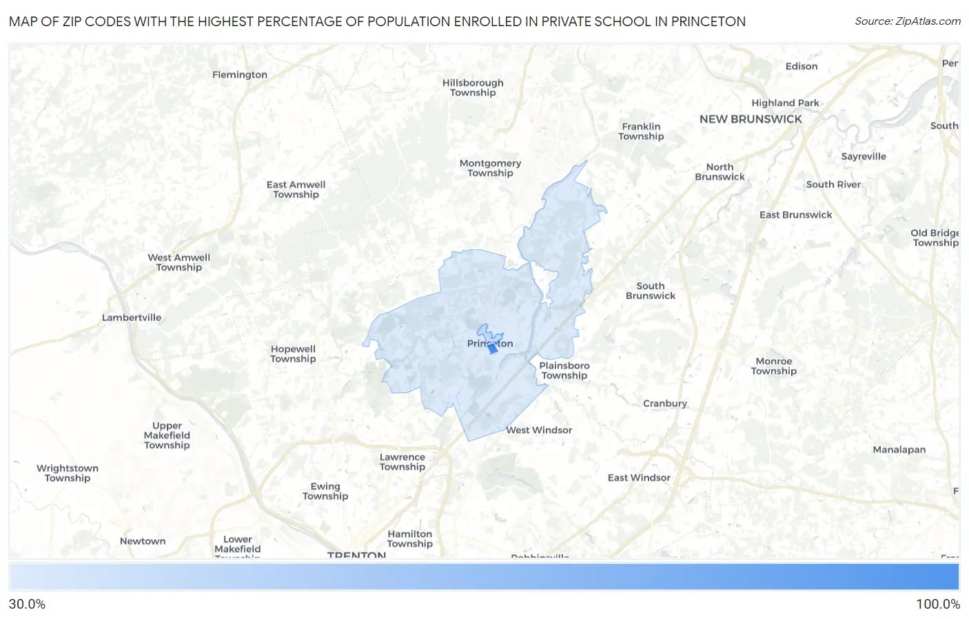 Zip Codes with the Highest Percentage of Population Enrolled in Private School in Princeton Map
