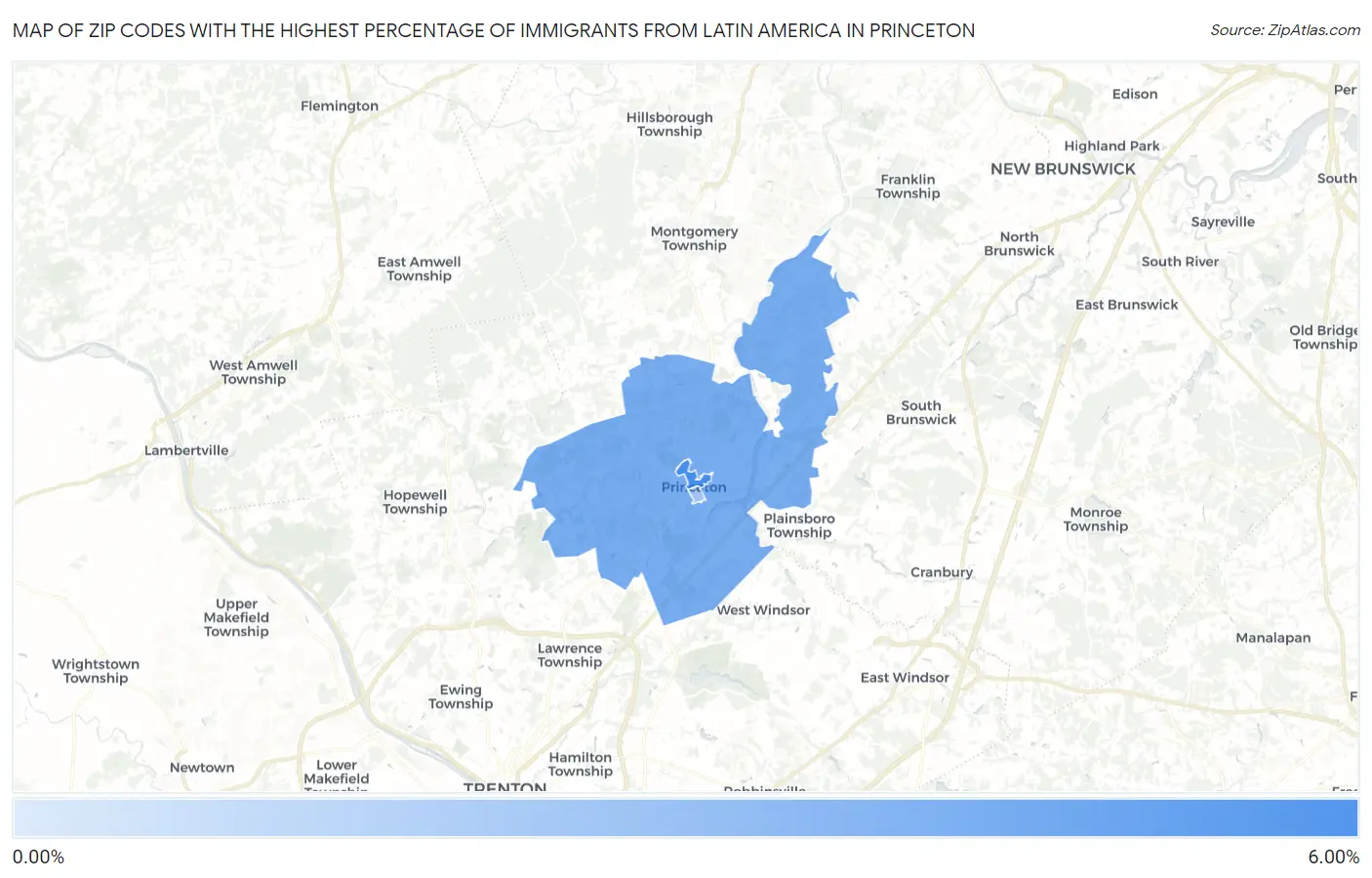 Zip Codes with the Highest Percentage of Immigrants from Latin America in Princeton Map