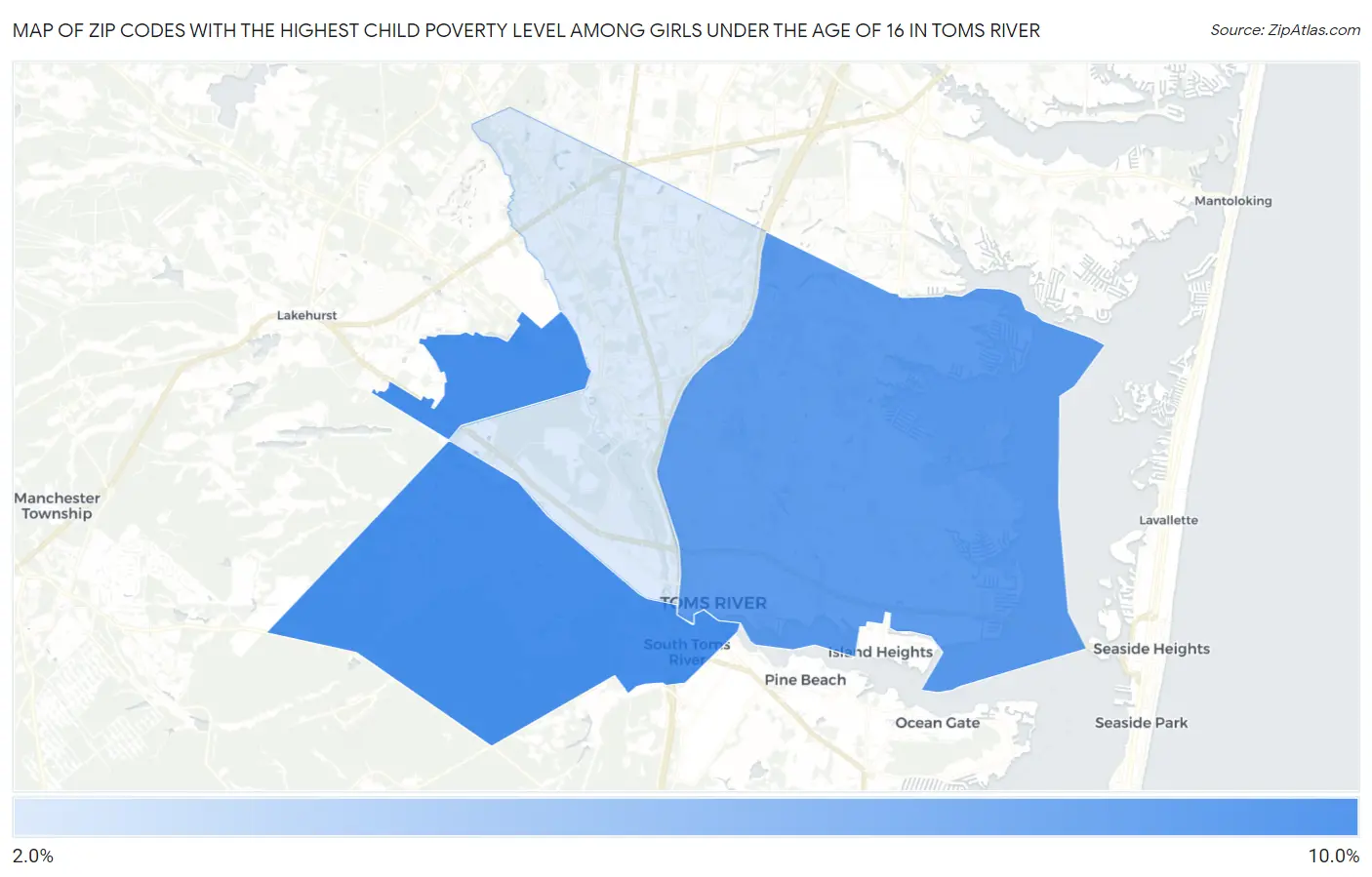 Zip Codes with the Highest Child Poverty Level Among Girls Under the Age of 16 in Toms River Map