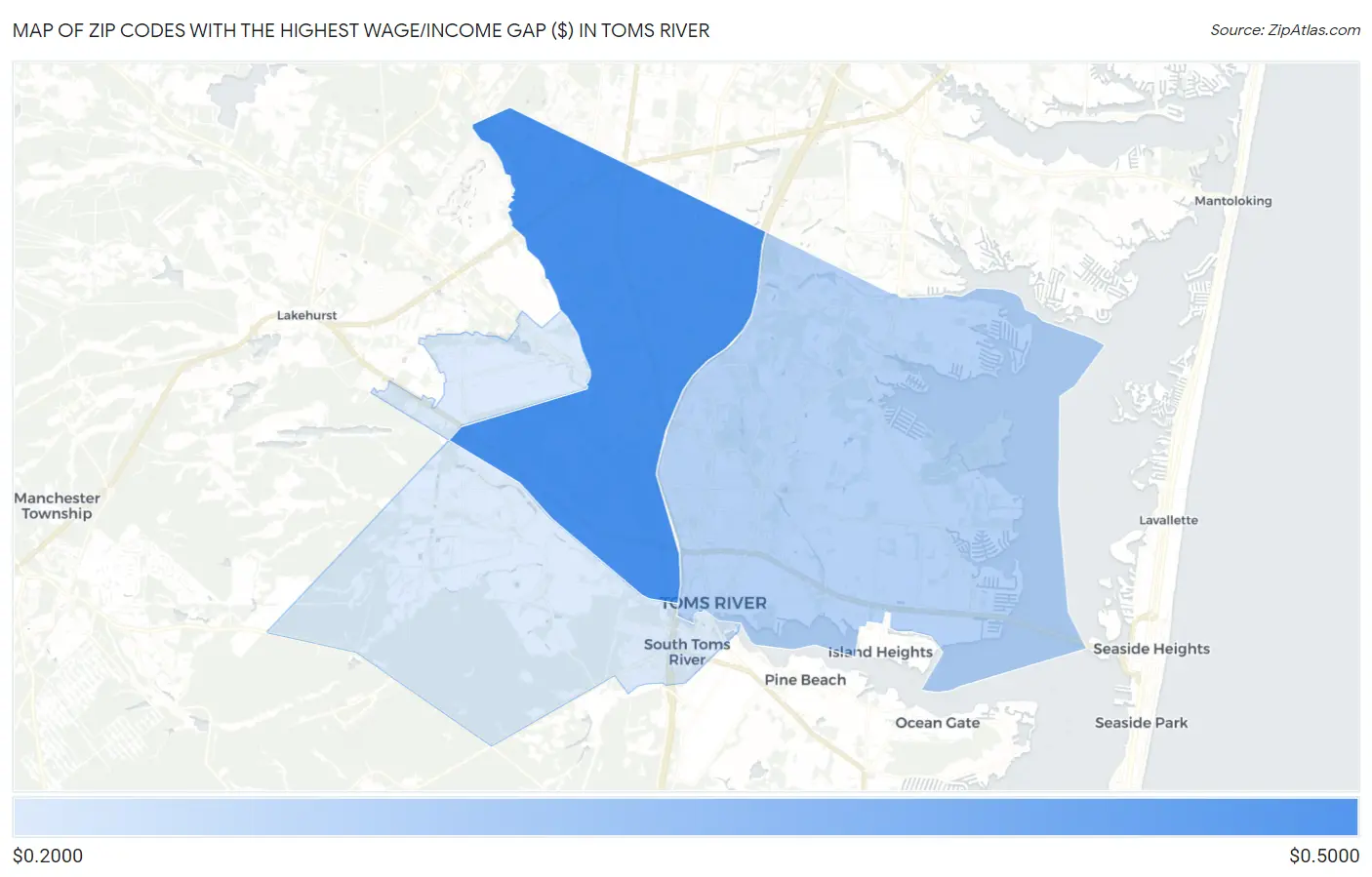 Zip Codes with the Highest Wage/Income Gap ($) in Toms River Map