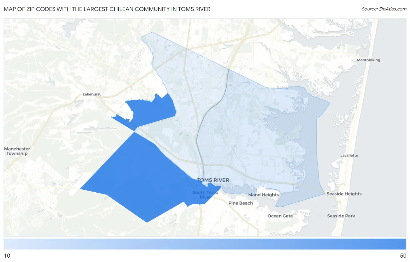 Zip Codes with the Largest Chilean Community in Toms River Map