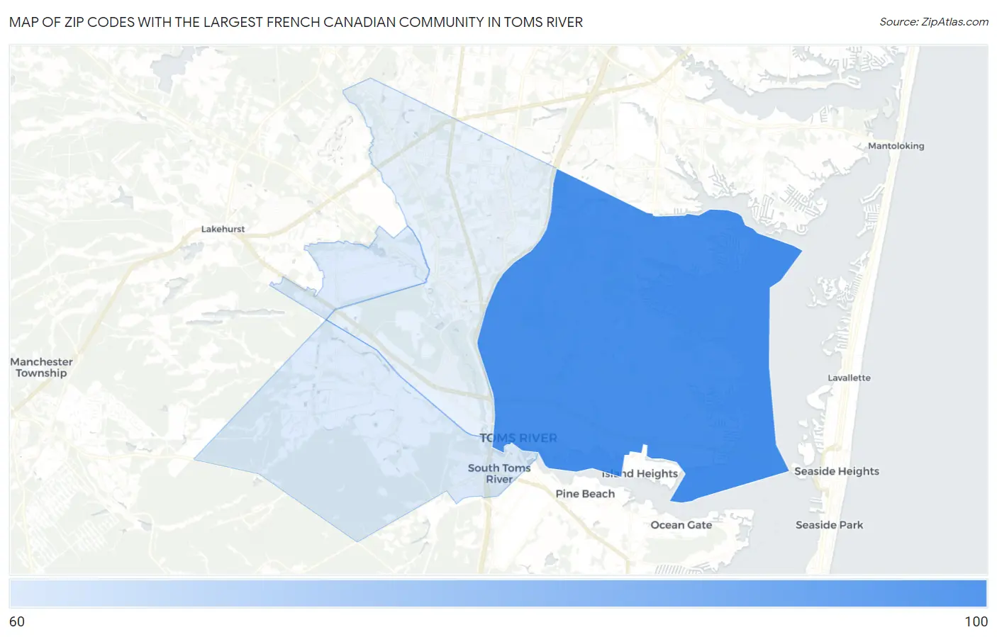 Zip Codes with the Largest French Canadian Community in Toms River Map