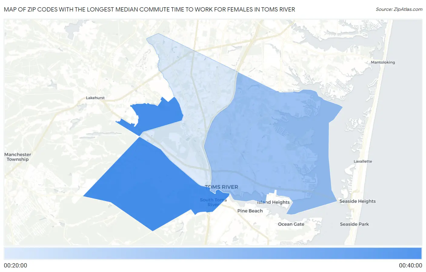 Zip Codes with the Longest Median Commute Time to Work for Females in Toms River Map