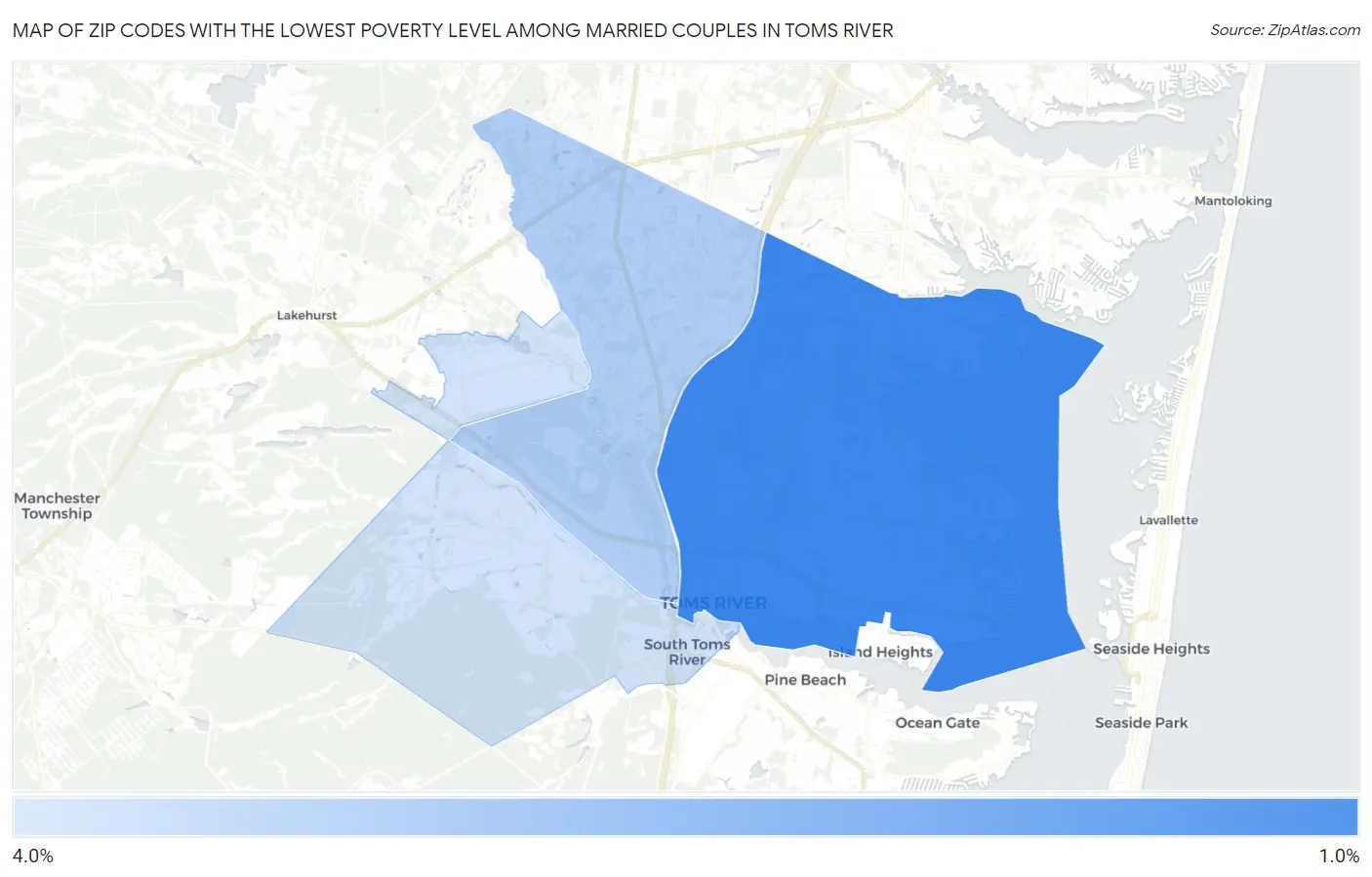 Zip Codes with the Lowest Poverty Level Among Married Couples in Toms River Map