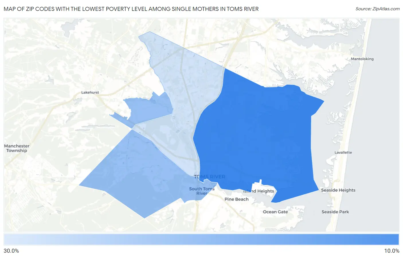 Zip Codes with the Lowest Poverty Level Among Single Mothers in Toms River Map