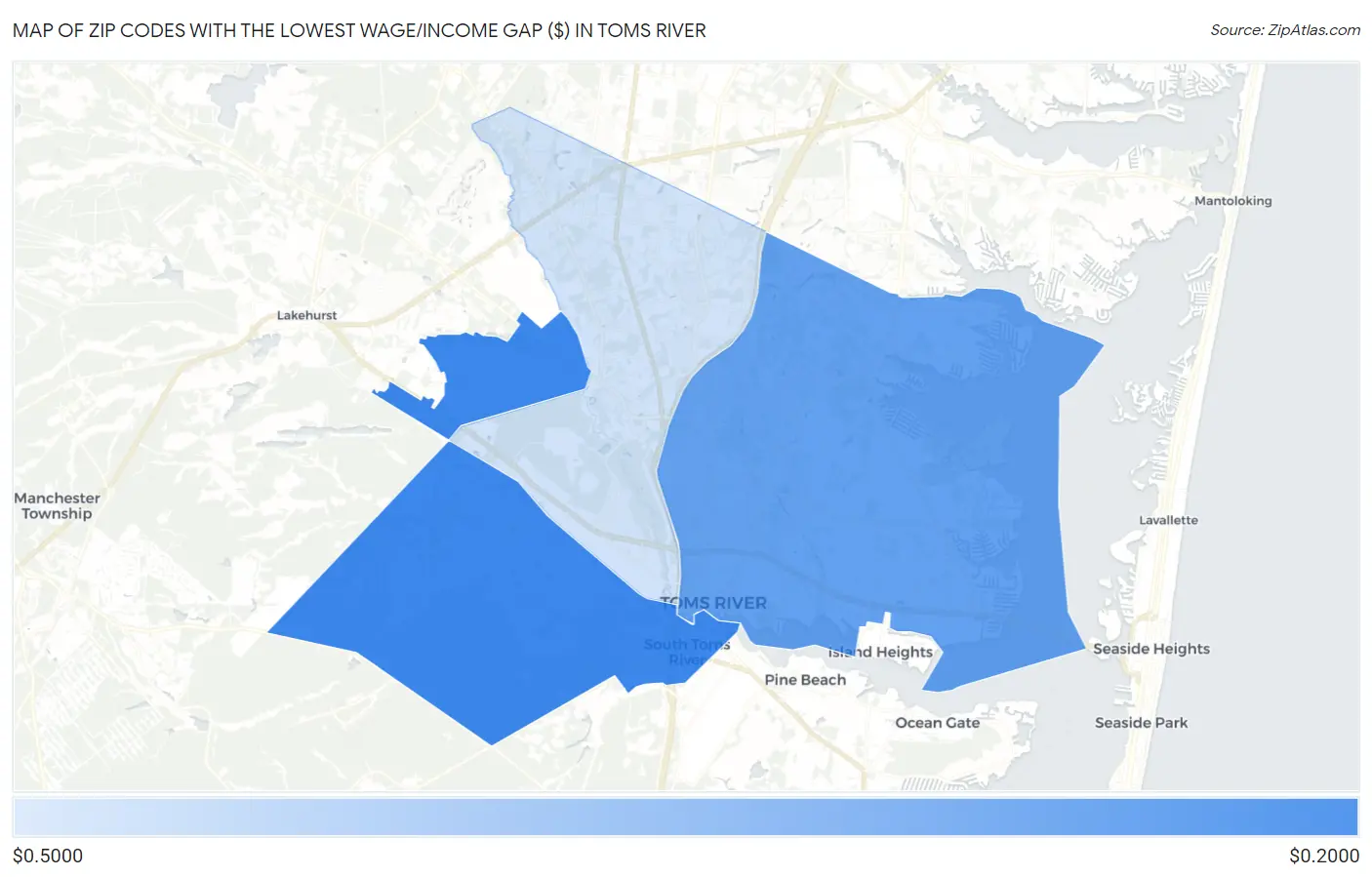 Zip Codes with the Lowest Wage/Income Gap ($) in Toms River Map