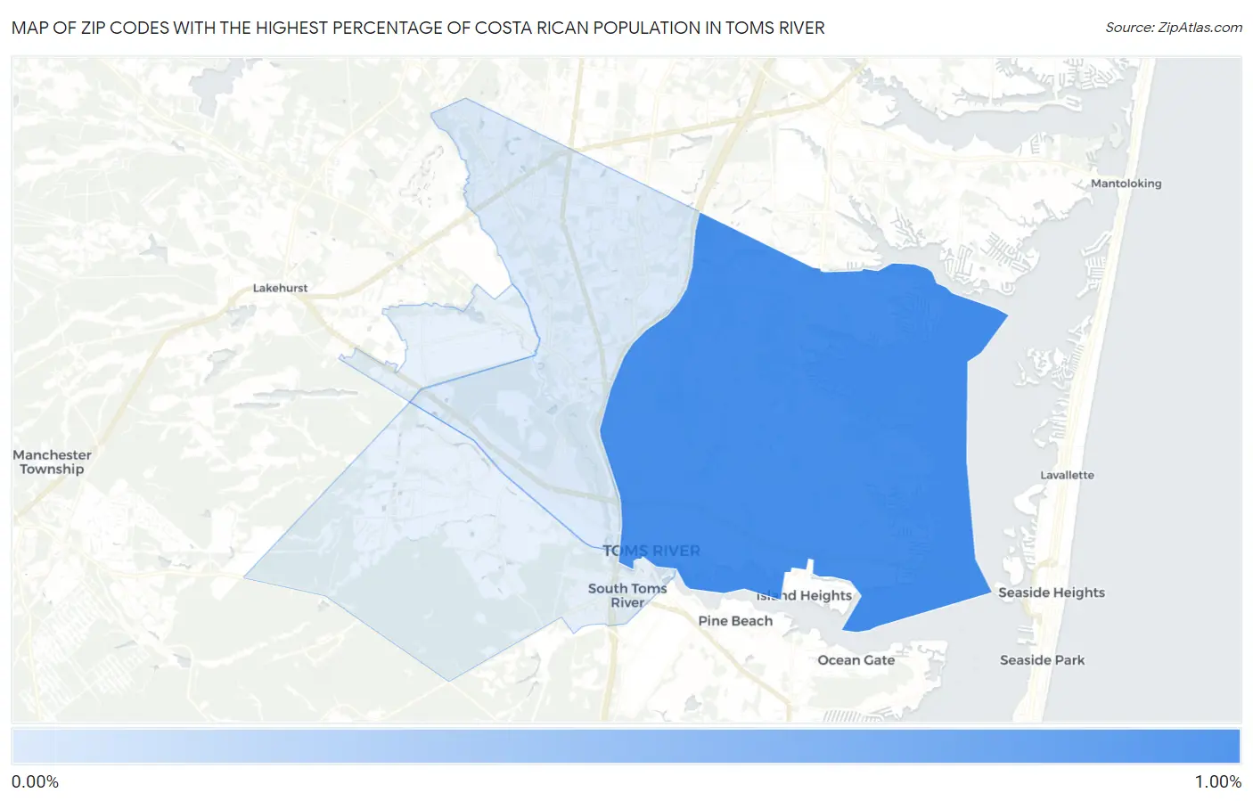 Zip Codes with the Highest Percentage of Costa Rican Population in Toms River Map