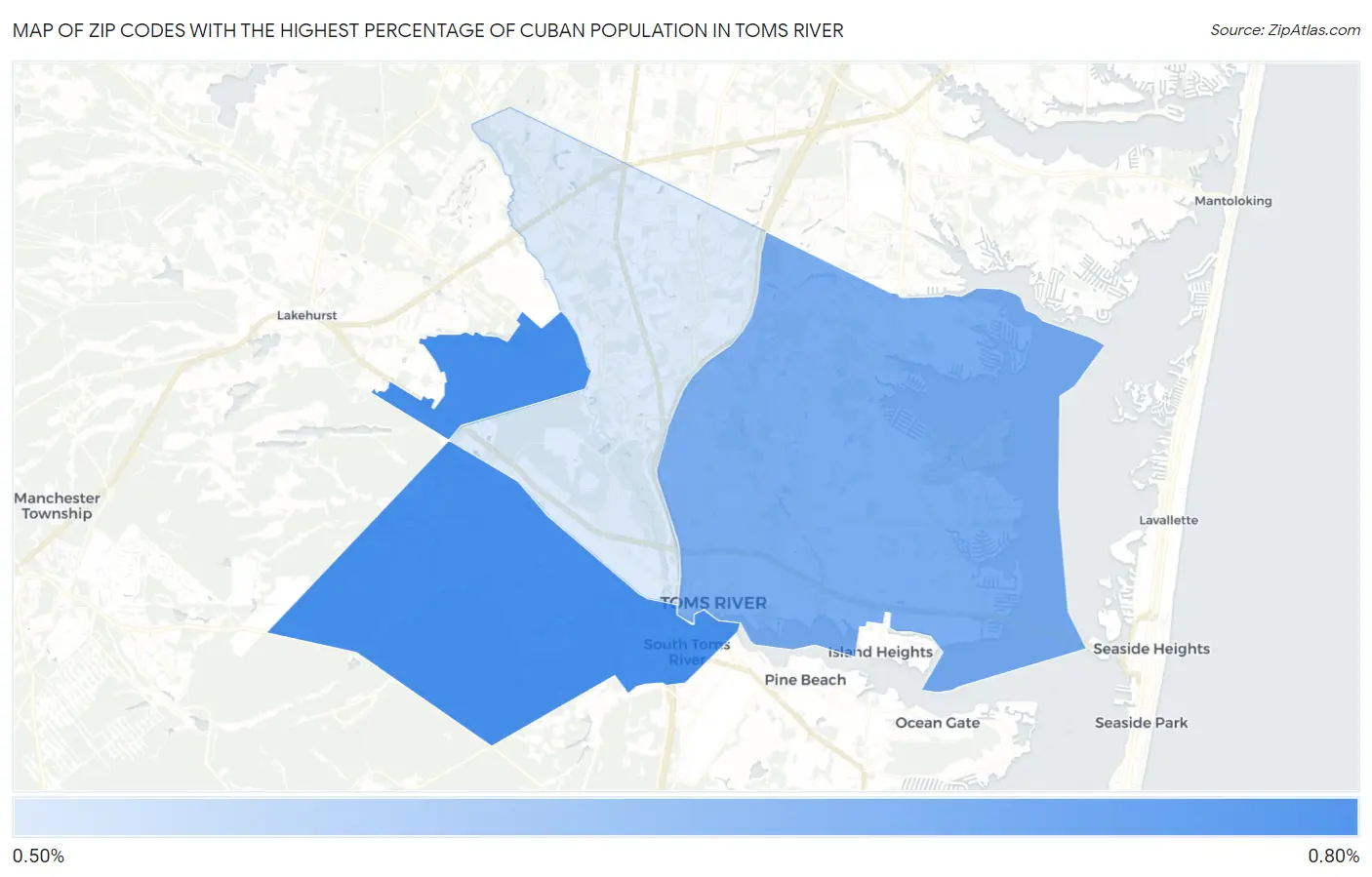 Zip Codes with the Highest Percentage of Cuban Population in Toms River Map