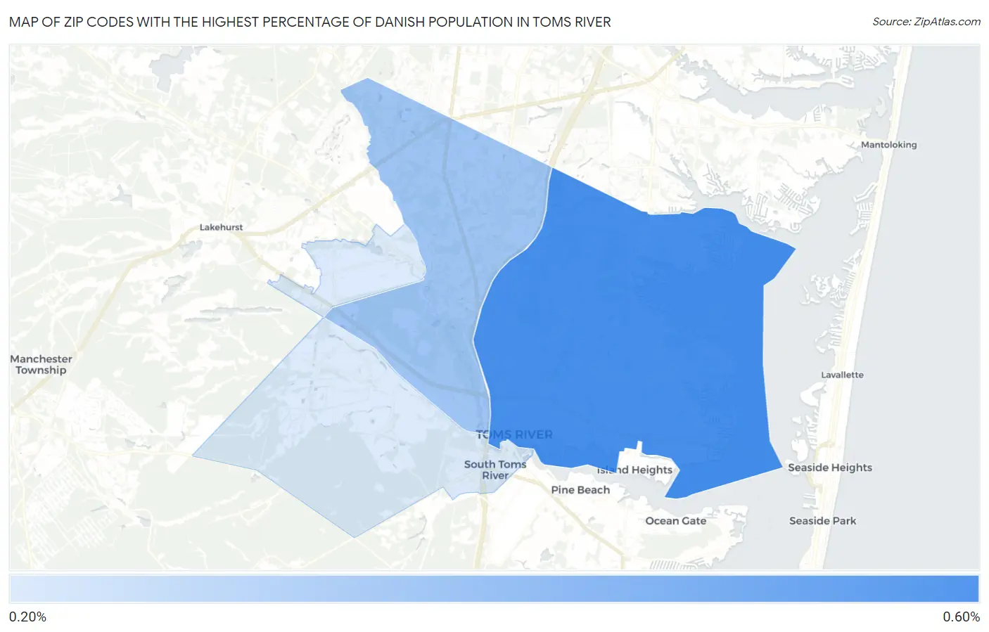 Zip Codes with the Highest Percentage of Danish Population in Toms River Map
