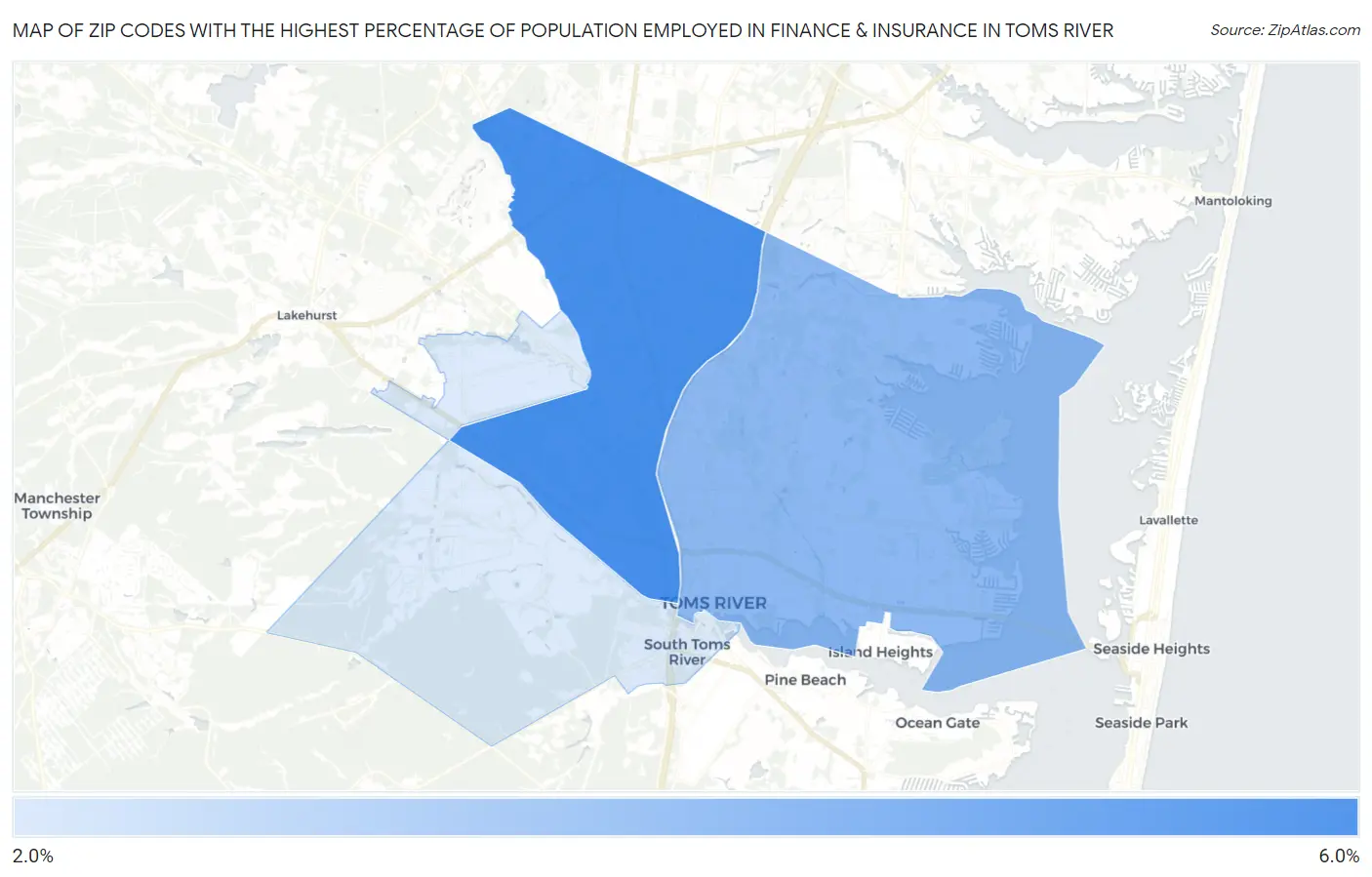 Zip Codes with the Highest Percentage of Population Employed in Finance & Insurance in Toms River Map