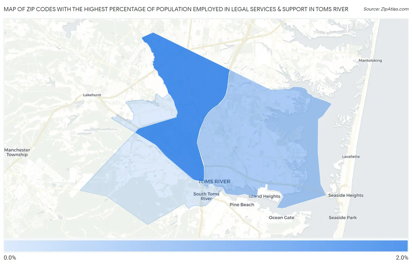 Zip Codes with the Highest Percentage of Population Employed in Legal Services & Support in Toms River Map