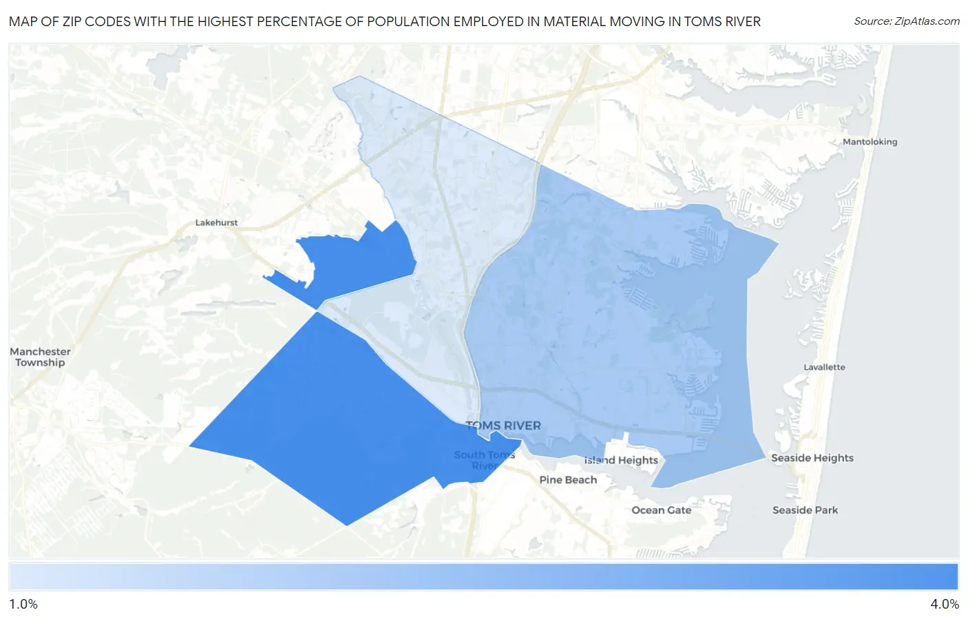 Zip Codes with the Highest Percentage of Population Employed in Material Moving in Toms River Map