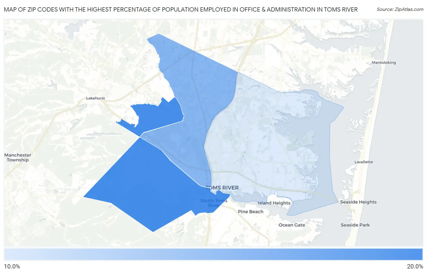 Zip Codes with the Highest Percentage of Population Employed in Office & Administration in Toms River Map
