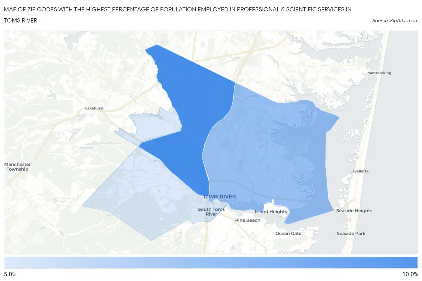 Zip Codes with the Highest Percentage of Population Employed in Professional & Scientific Services in Toms River Map