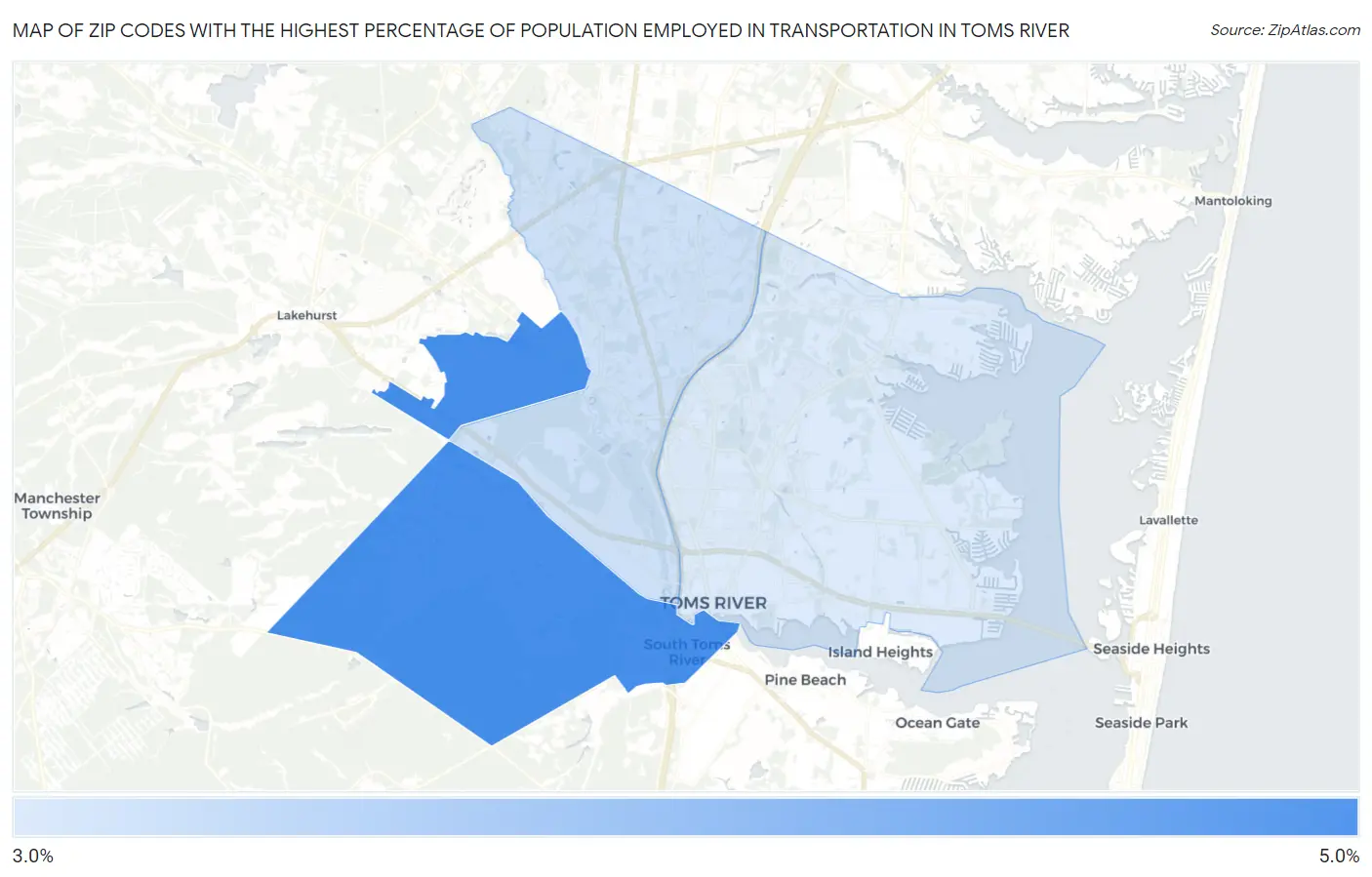 Zip Codes with the Highest Percentage of Population Employed in Transportation in Toms River Map