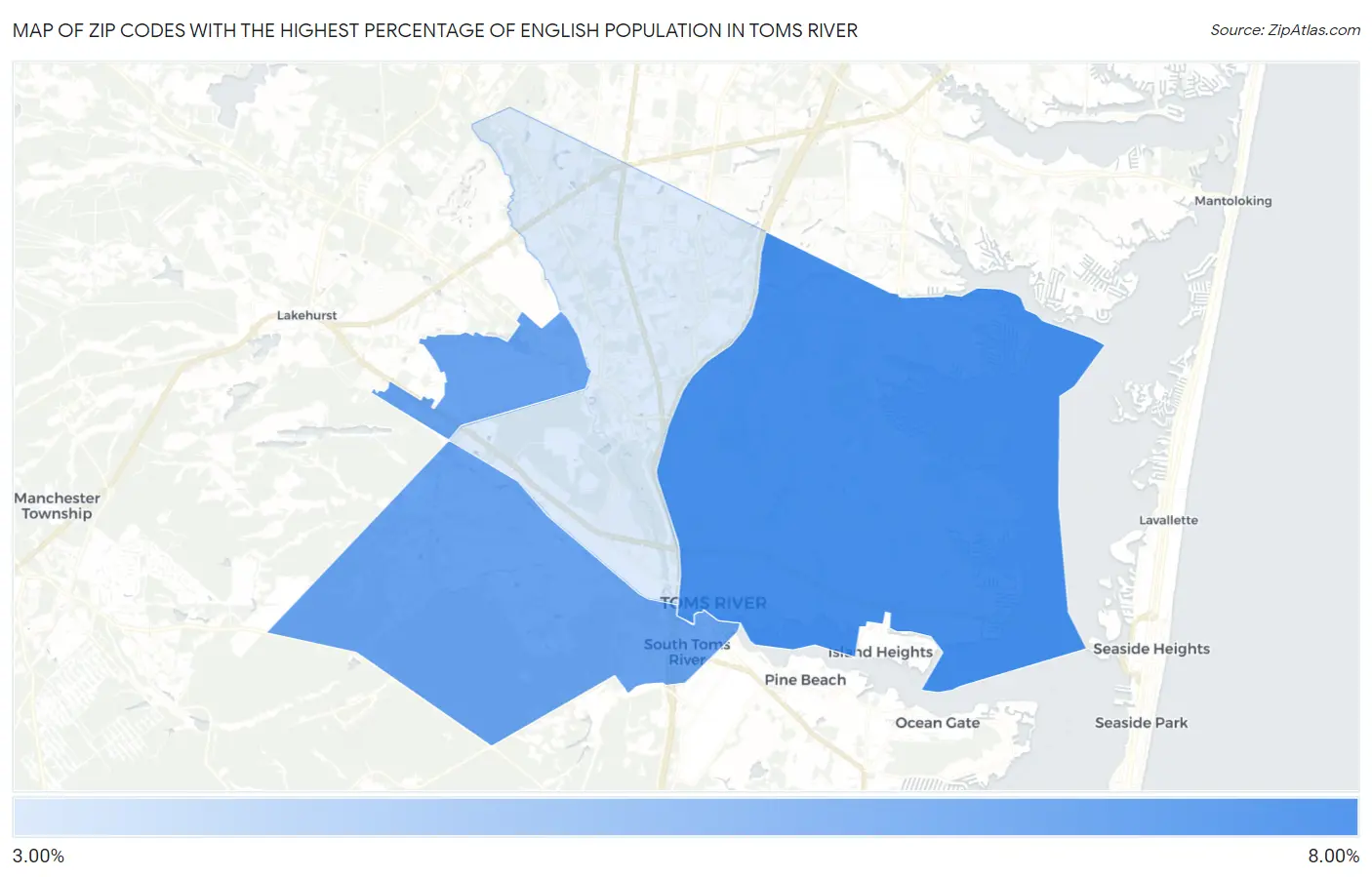 Zip Codes with the Highest Percentage of English Population in Toms River Map