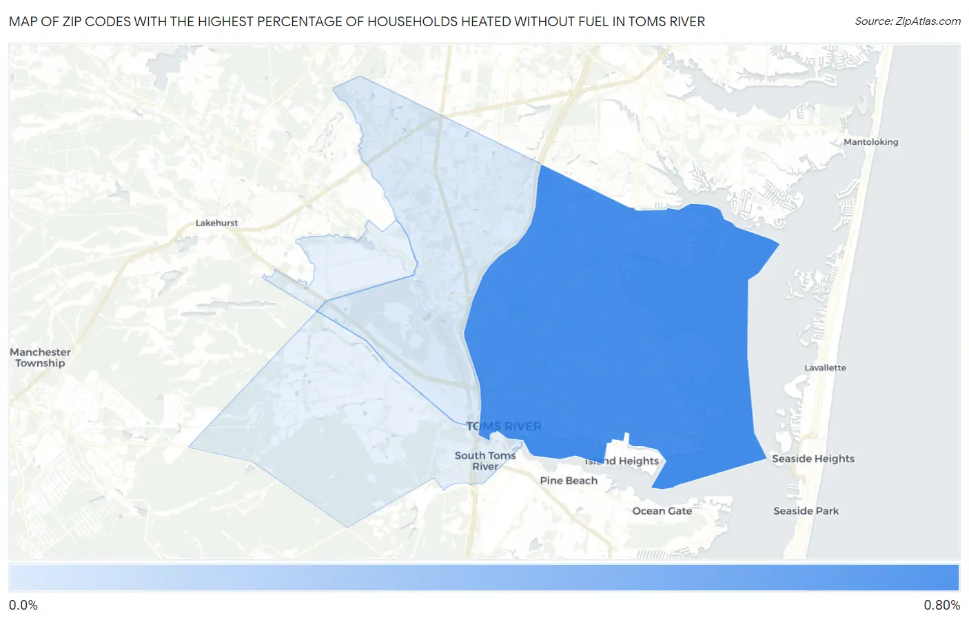 Zip Codes with the Highest Percentage of Households Heated without Fuel in Toms River Map