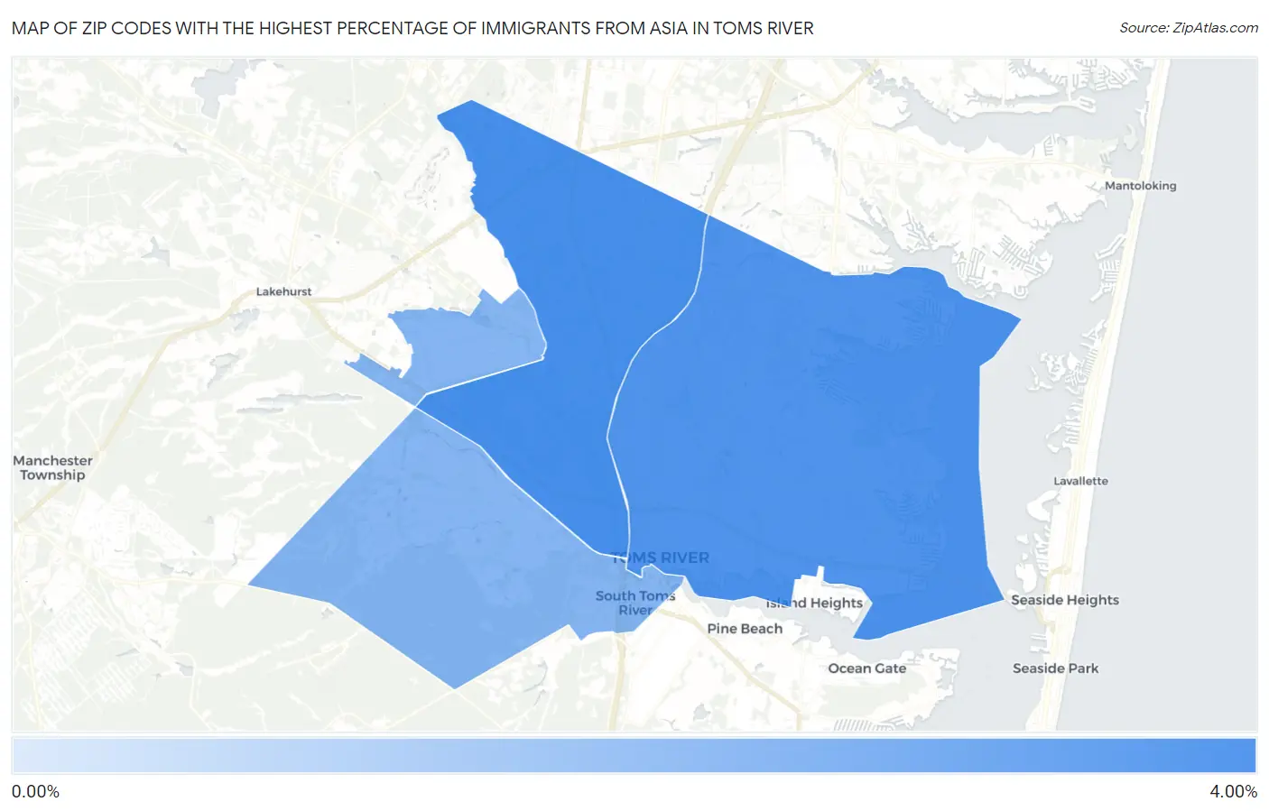 Zip Codes with the Highest Percentage of Immigrants from Asia in Toms River Map