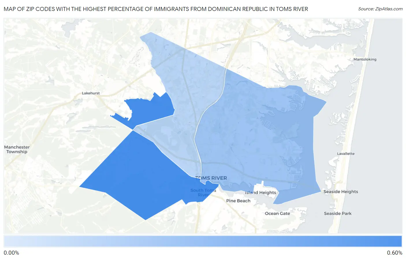 Zip Codes with the Highest Percentage of Immigrants from Dominican Republic in Toms River Map