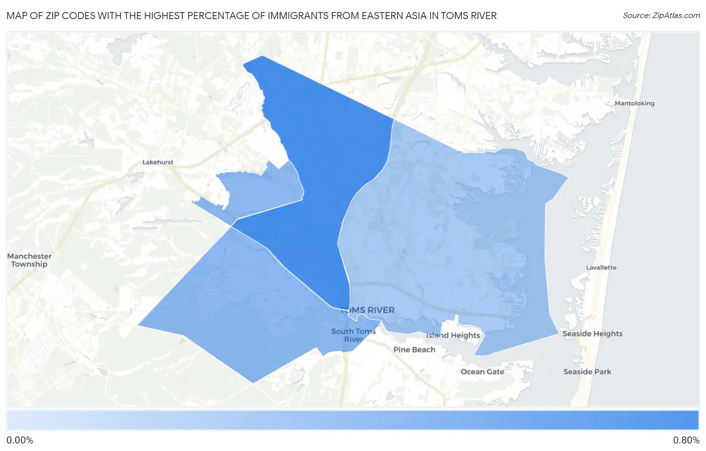 Zip Codes with the Highest Percentage of Immigrants from Eastern Asia in Toms River Map