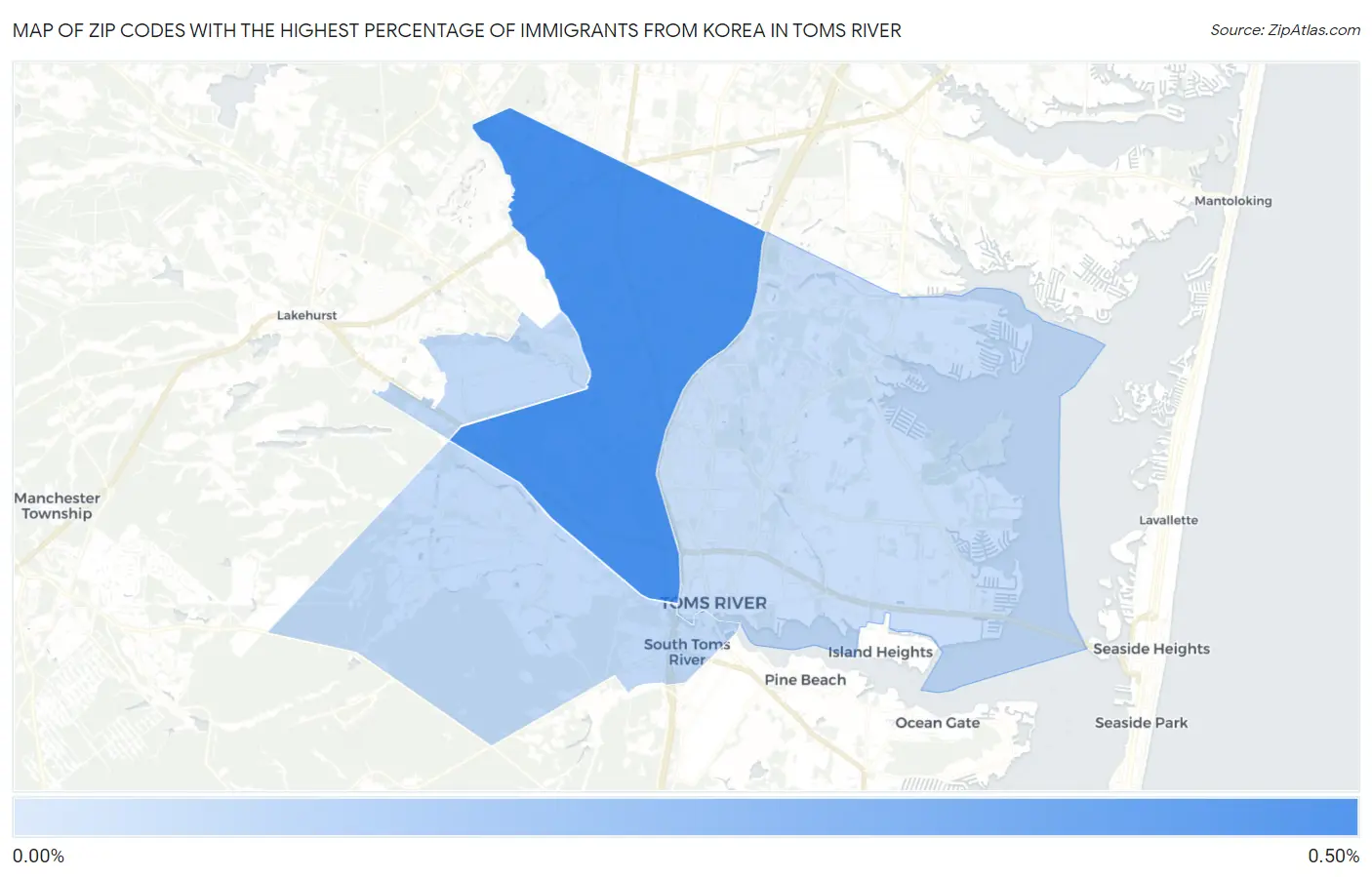 Zip Codes with the Highest Percentage of Immigrants from Korea in Toms River Map