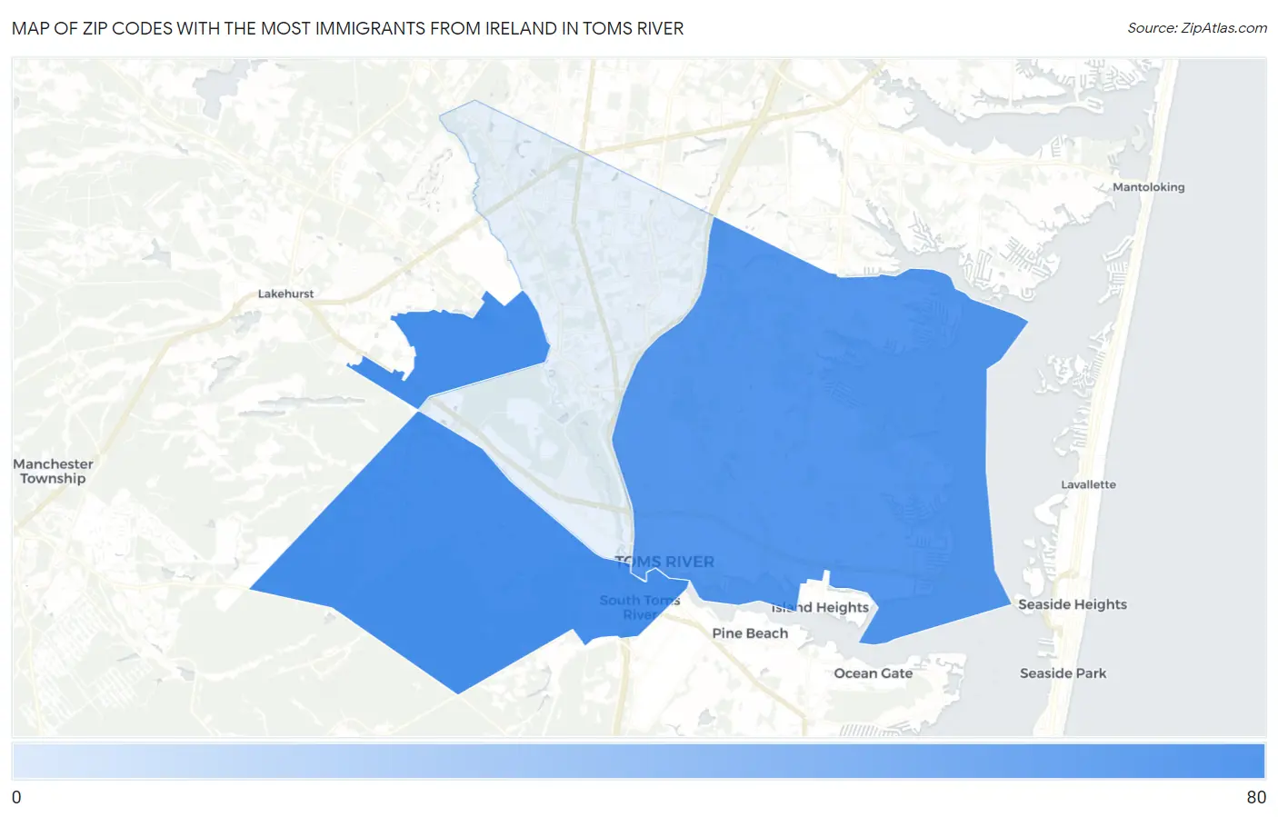 Zip Codes with the Most Immigrants from Ireland in Toms River Map