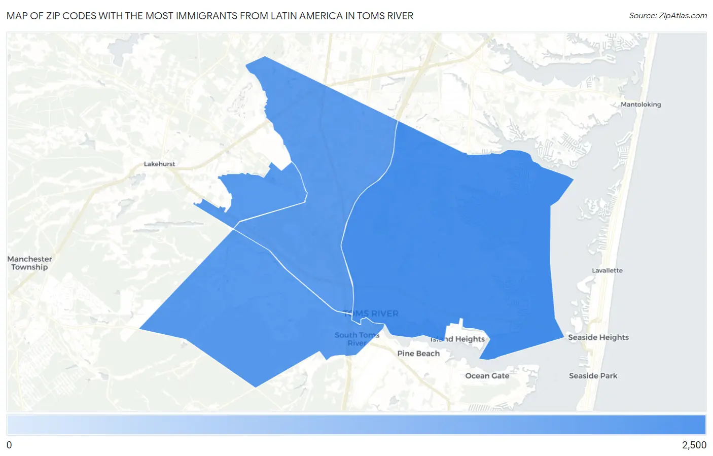 Zip Codes with the Most Immigrants from Latin America in Toms River Map