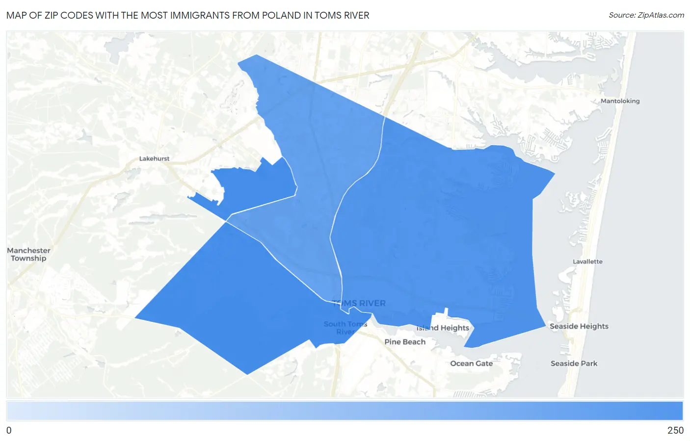 Zip Codes with the Most Immigrants from Poland in Toms River Map
