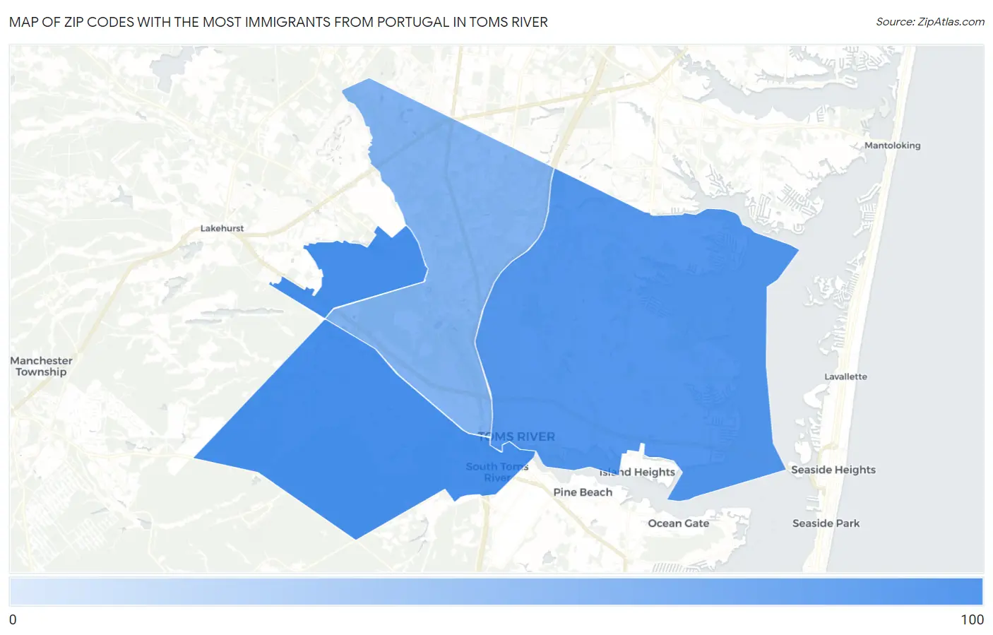 Zip Codes with the Most Immigrants from Portugal in Toms River Map