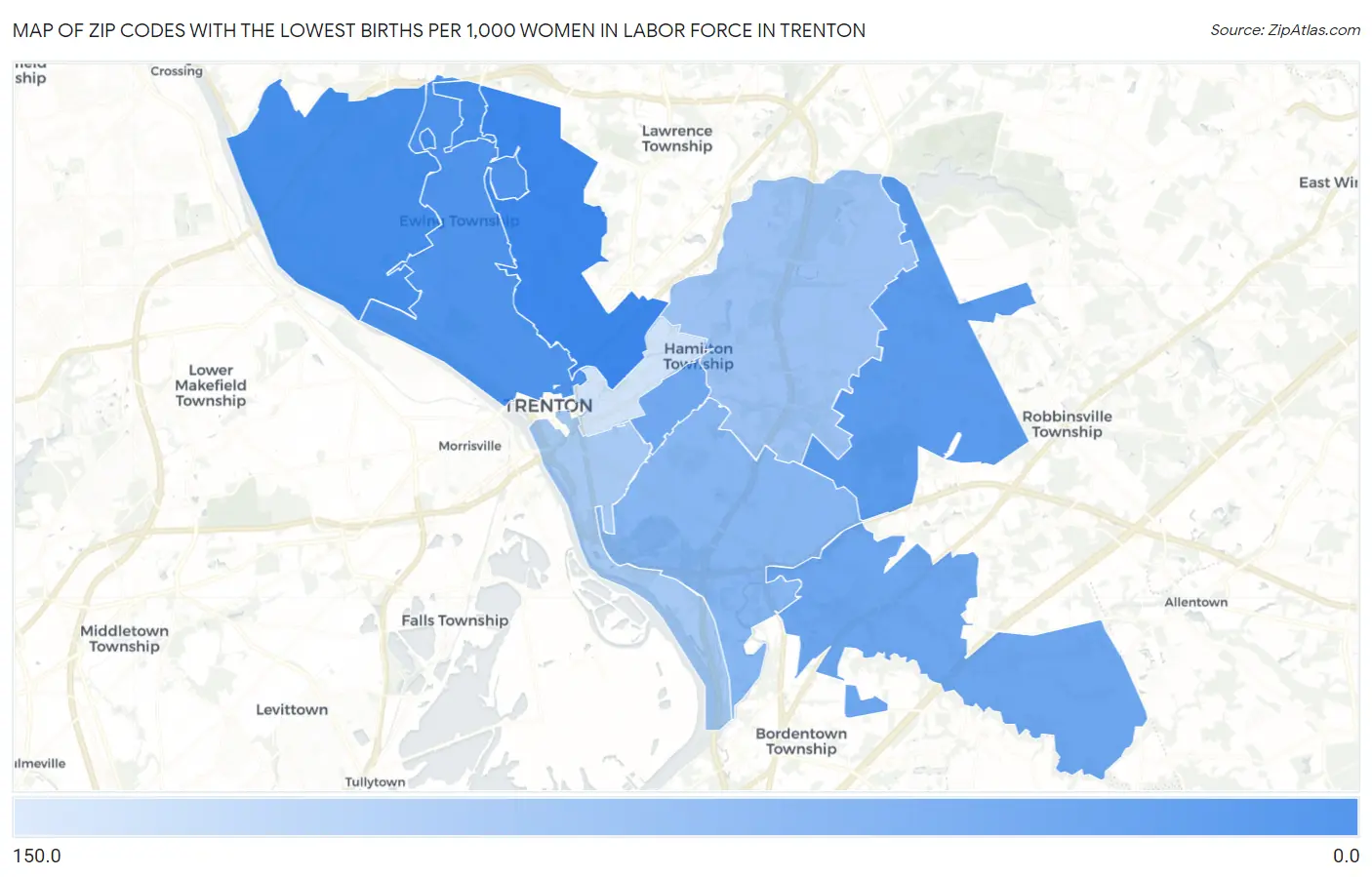 Zip Codes with the Lowest Births per 1,000 Women in Labor Force in Trenton Map