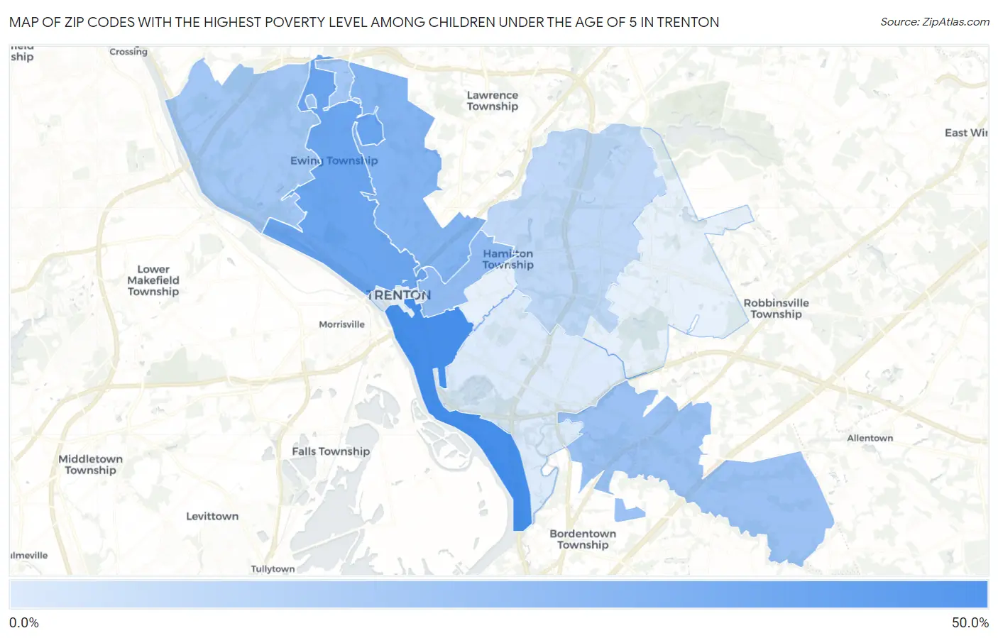 Zip Codes with the Highest Poverty Level Among Children Under the Age of 5 in Trenton Map