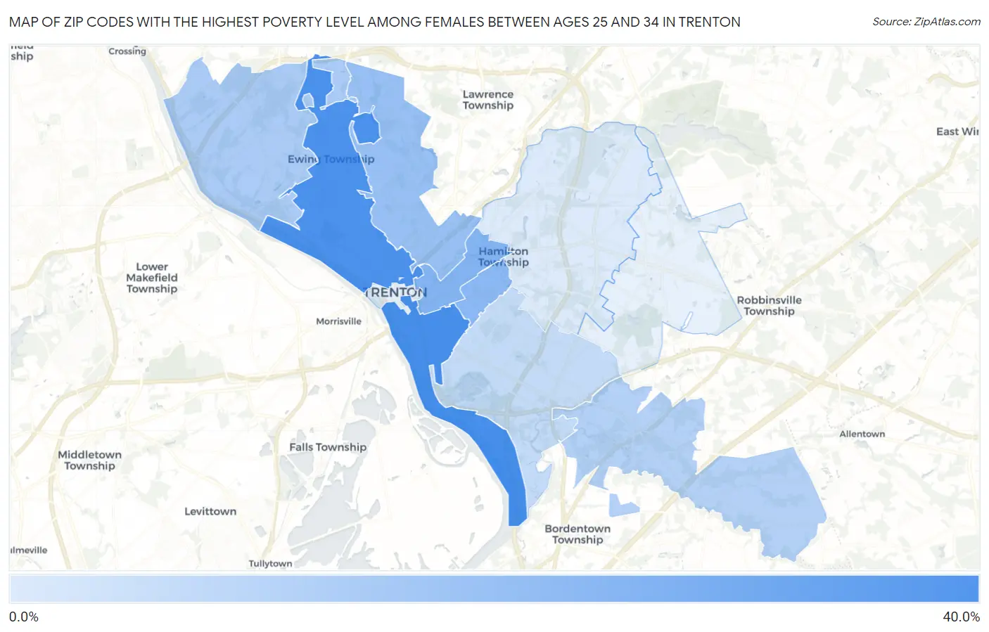 Zip Codes with the Highest Poverty Level Among Females Between Ages 25 and 34 in Trenton Map
