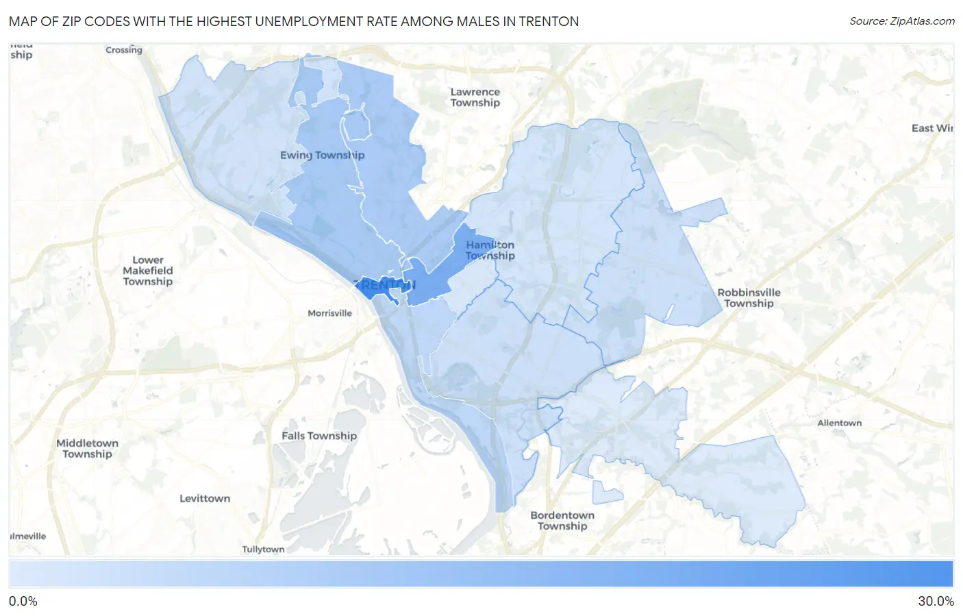 Zip Codes with the Highest Unemployment Rate Among Males in Trenton Map