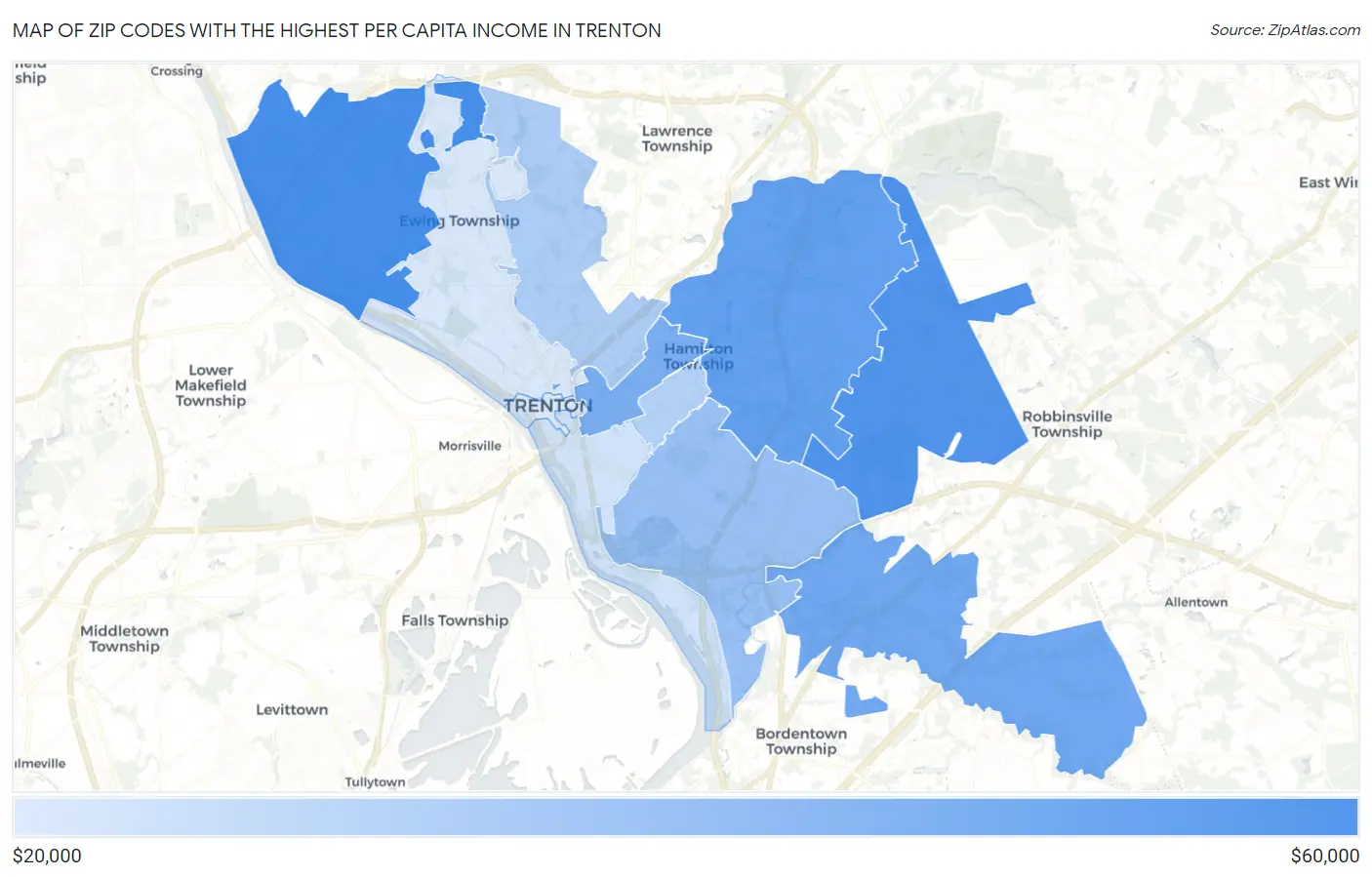 Zip Codes with the Highest Per Capita Income in Trenton Map