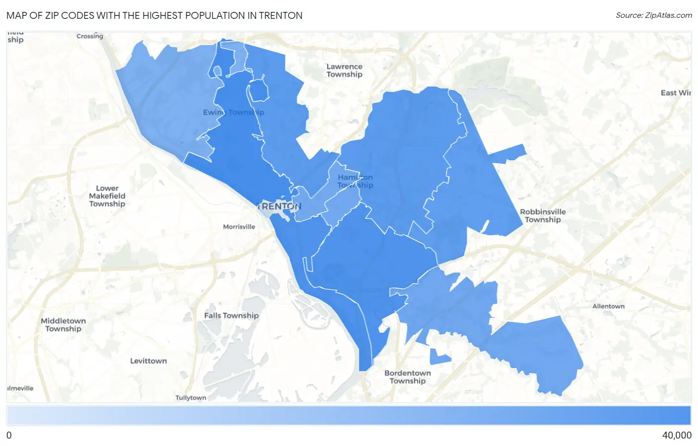 Zip Codes with the Highest Population in Trenton Map