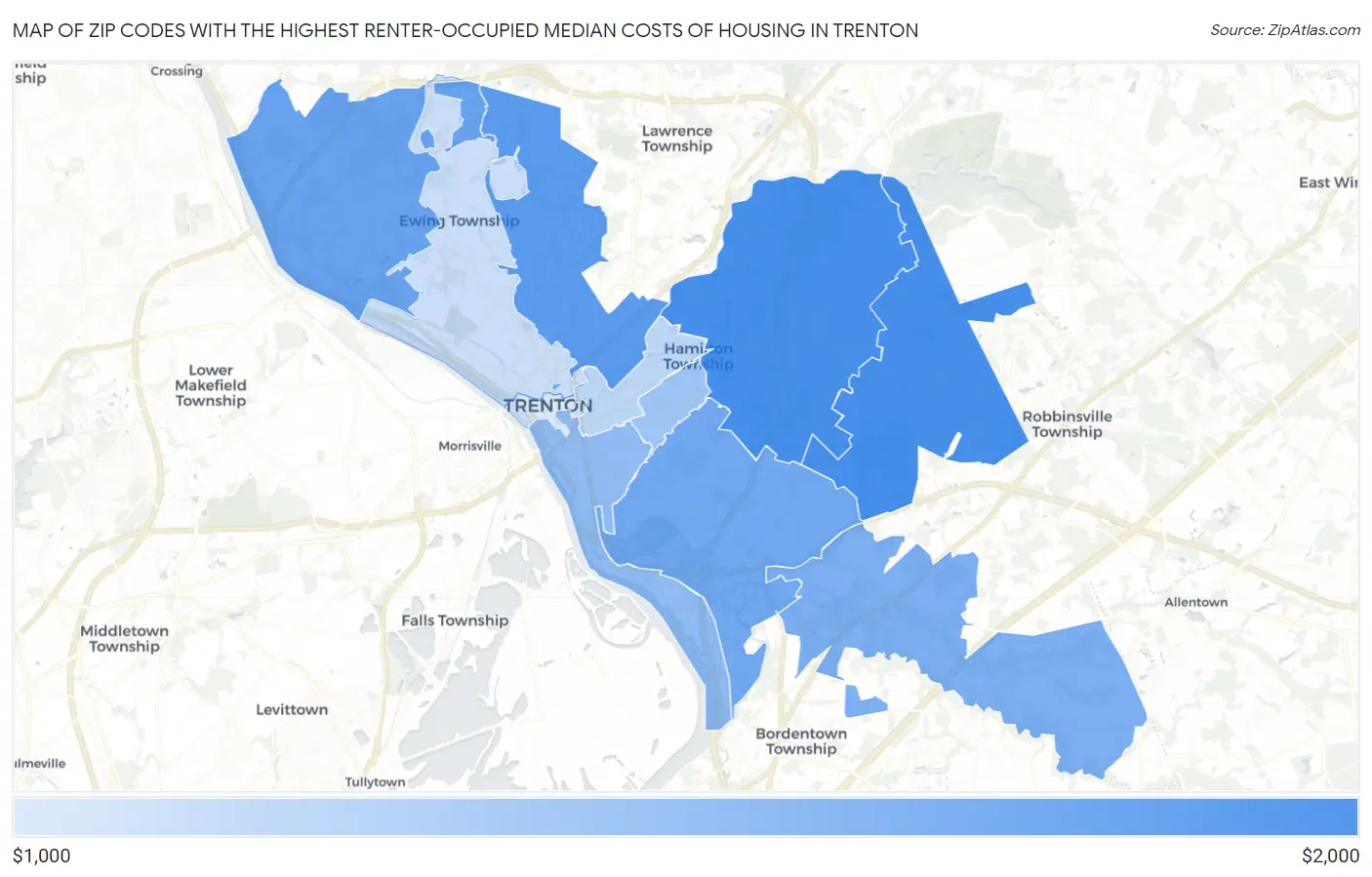 Zip Codes with the Highest Renter-Occupied Median Costs of Housing in Trenton Map