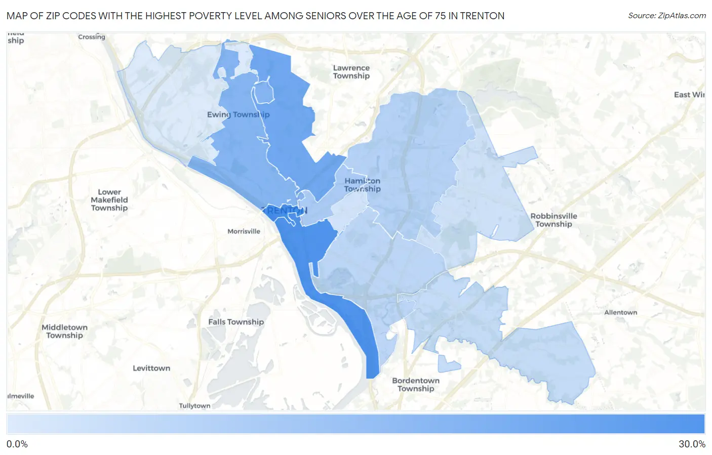 Zip Codes with the Highest Poverty Level Among Seniors Over the Age of 75 in Trenton Map