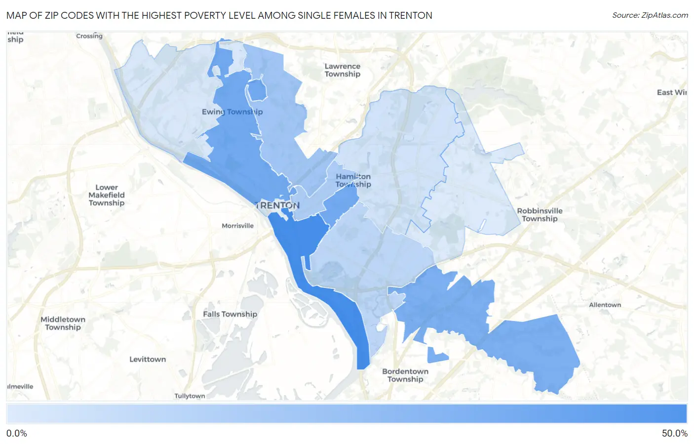 Zip Codes with the Highest Poverty Level Among Single Females in Trenton Map