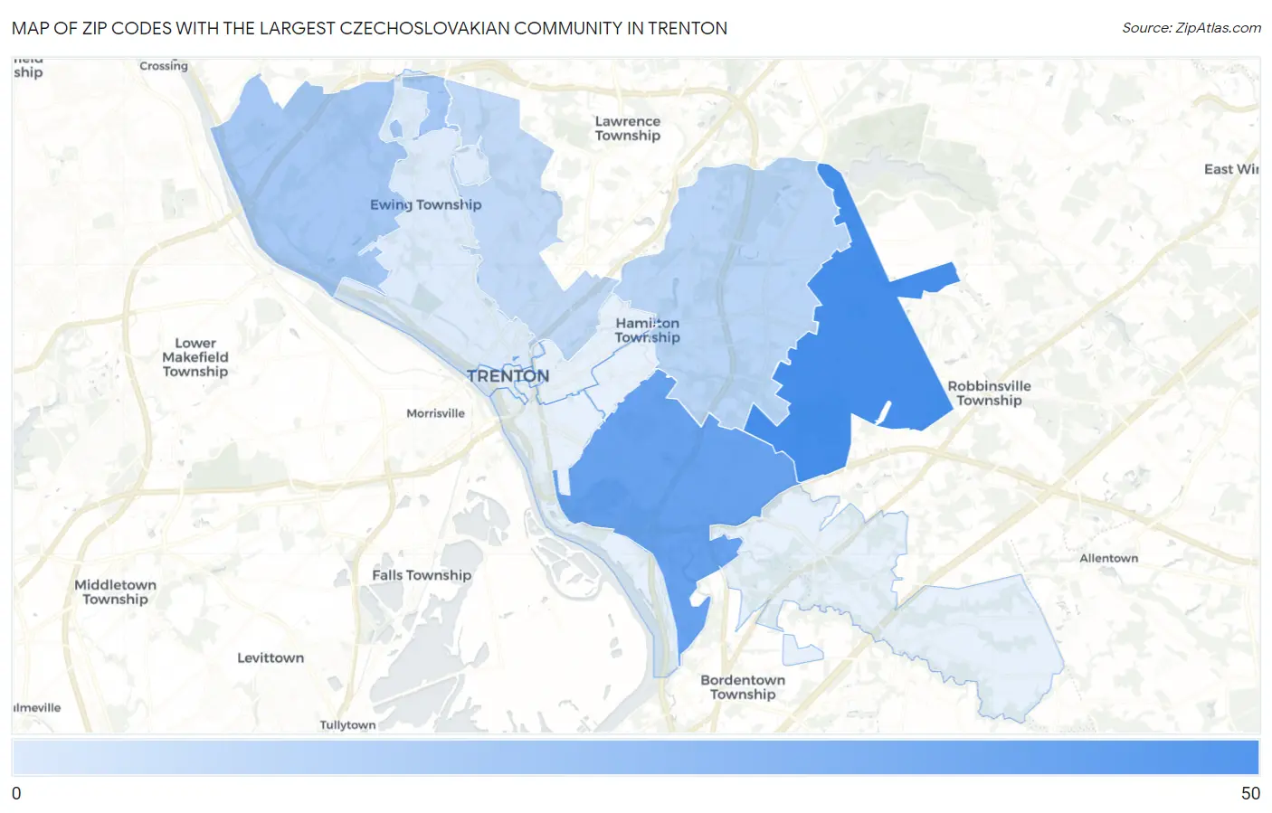 Zip Codes with the Largest Czechoslovakian Community in Trenton Map