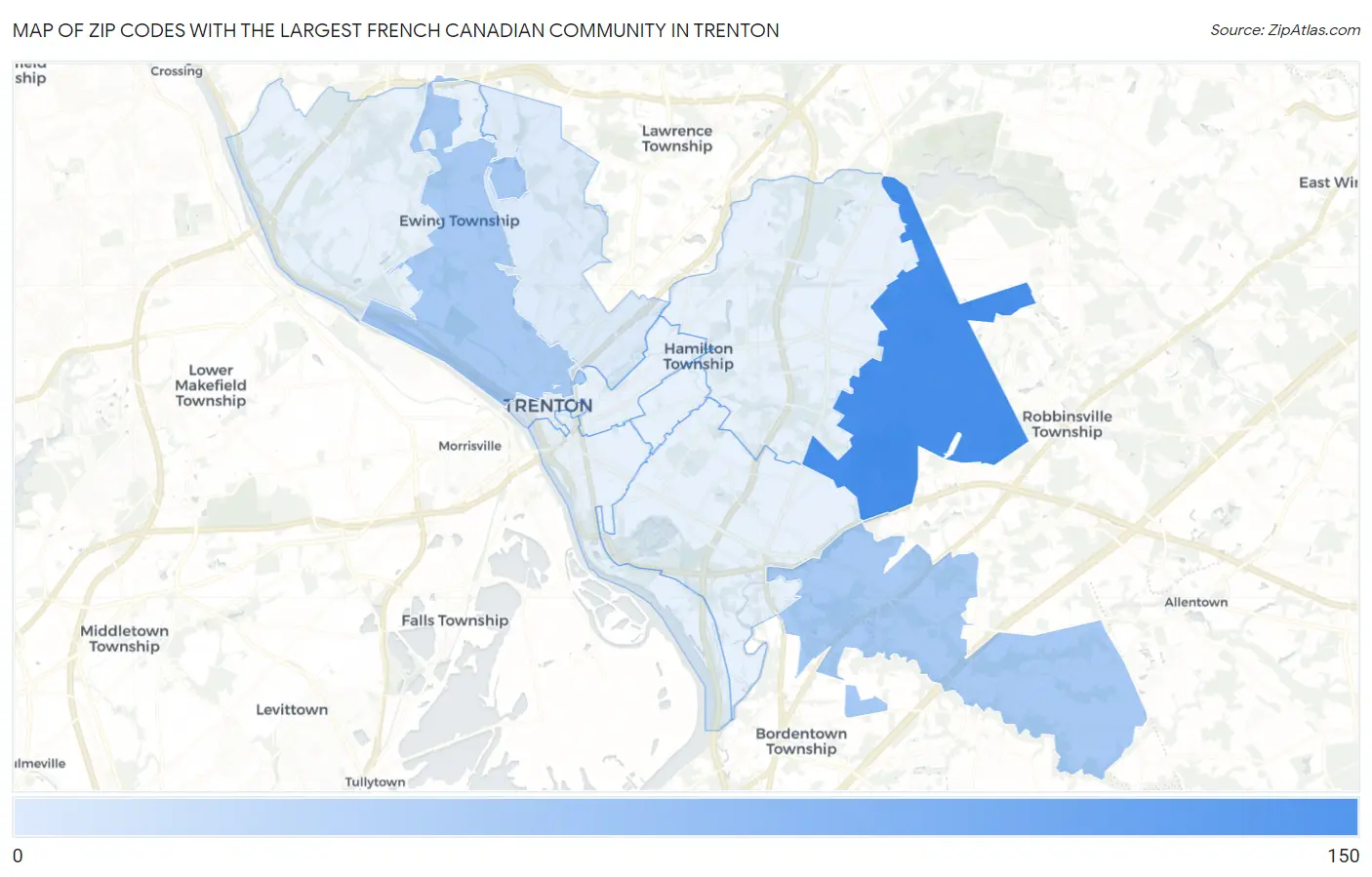 Zip Codes with the Largest French Canadian Community in Trenton Map